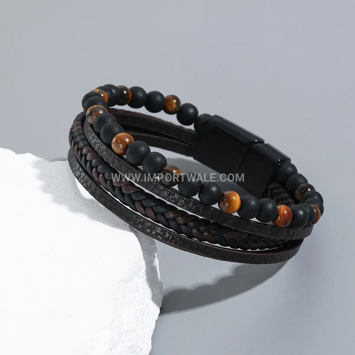 Braided Beaded Natural Obsidian Stone Men's Bracelet