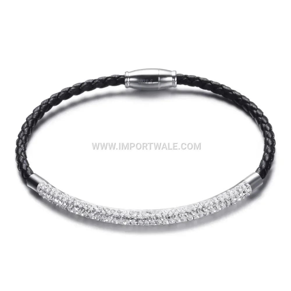 Braided Leather Double Row Crystal Magnetic Bracelet