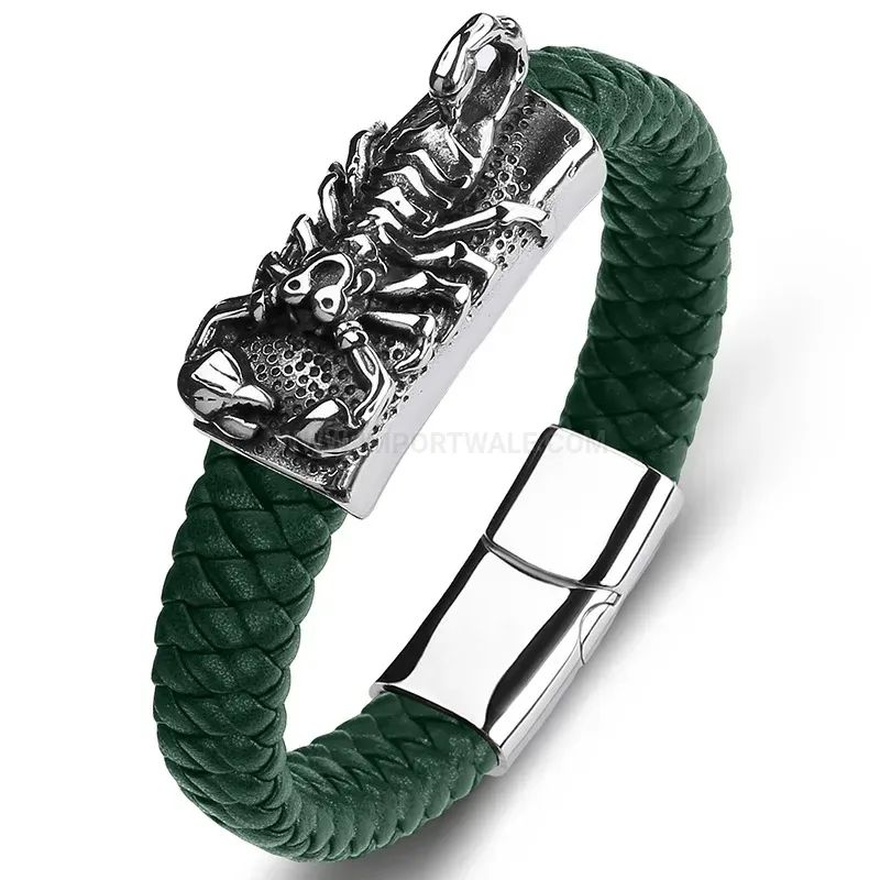 Scorpion Motif Genuine Leather Stainless Steel Men Bracelet
