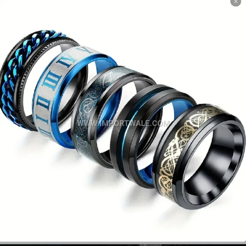 Blue Roman Numeral and Dragon Motif Ring Set