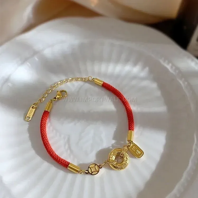 Trendy Gold Plated Coin Accent Red String Titanium Steel Bracelet