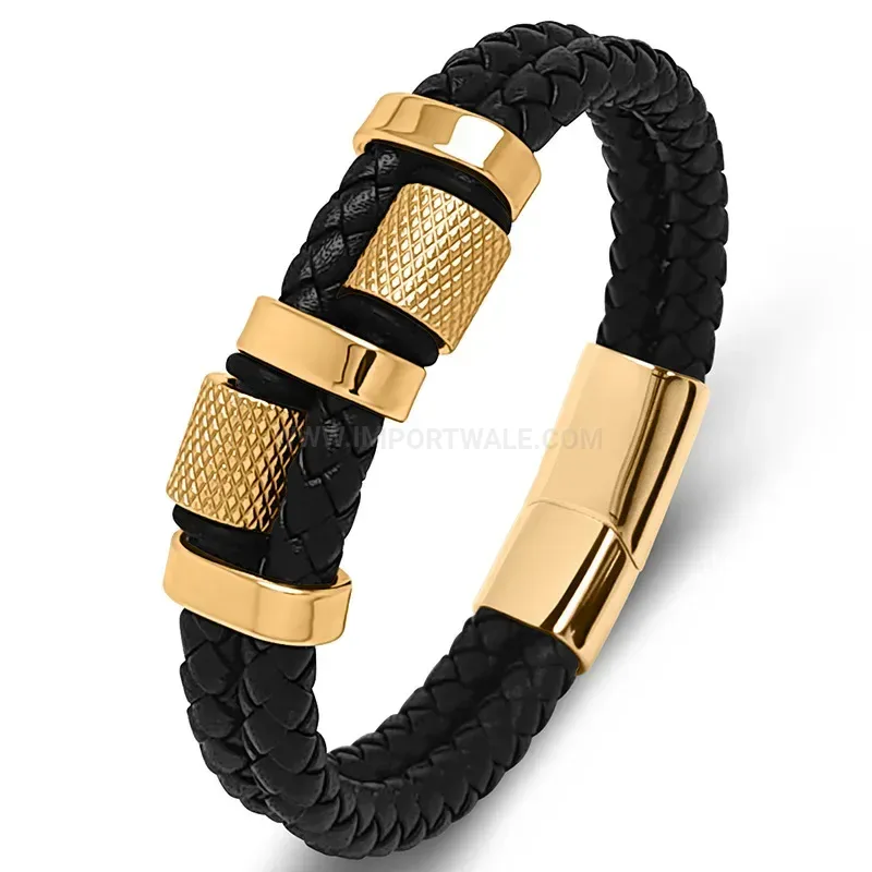 Classic Woven Leather and Stainless Steel Beaded Statement Men Bracelet