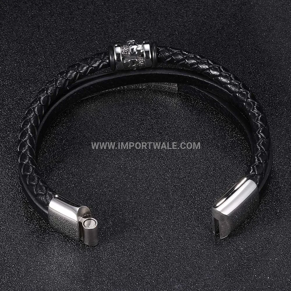 Multi Layer Braided Genuine Leather Wristband with Steel Clasp