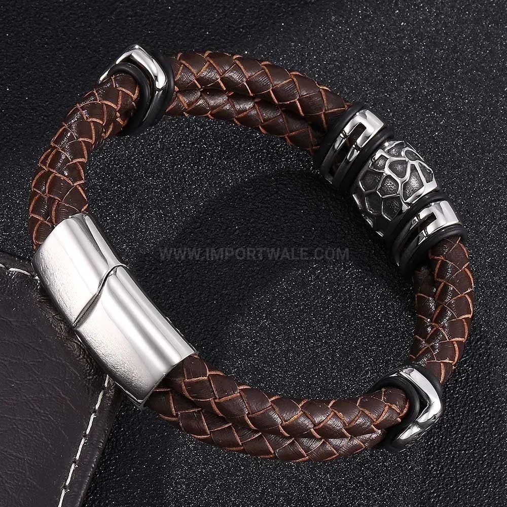 Elegant Braided Brown Genuine Leather Cuff Bracelet With Stainless Steel Clasp
