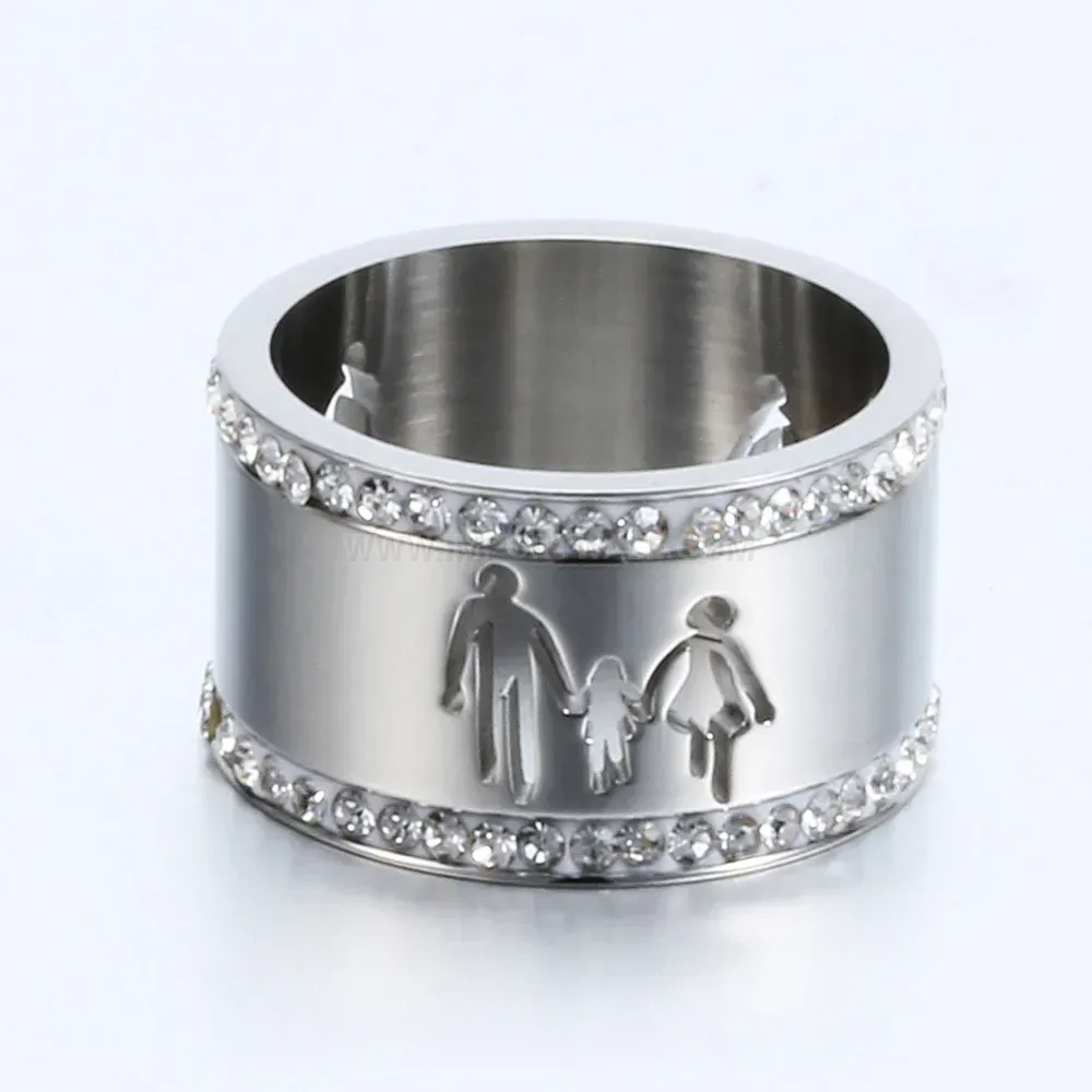 Modern Double-Row Rhinestone Cutout Family Commemorative Stainless Steel Ring