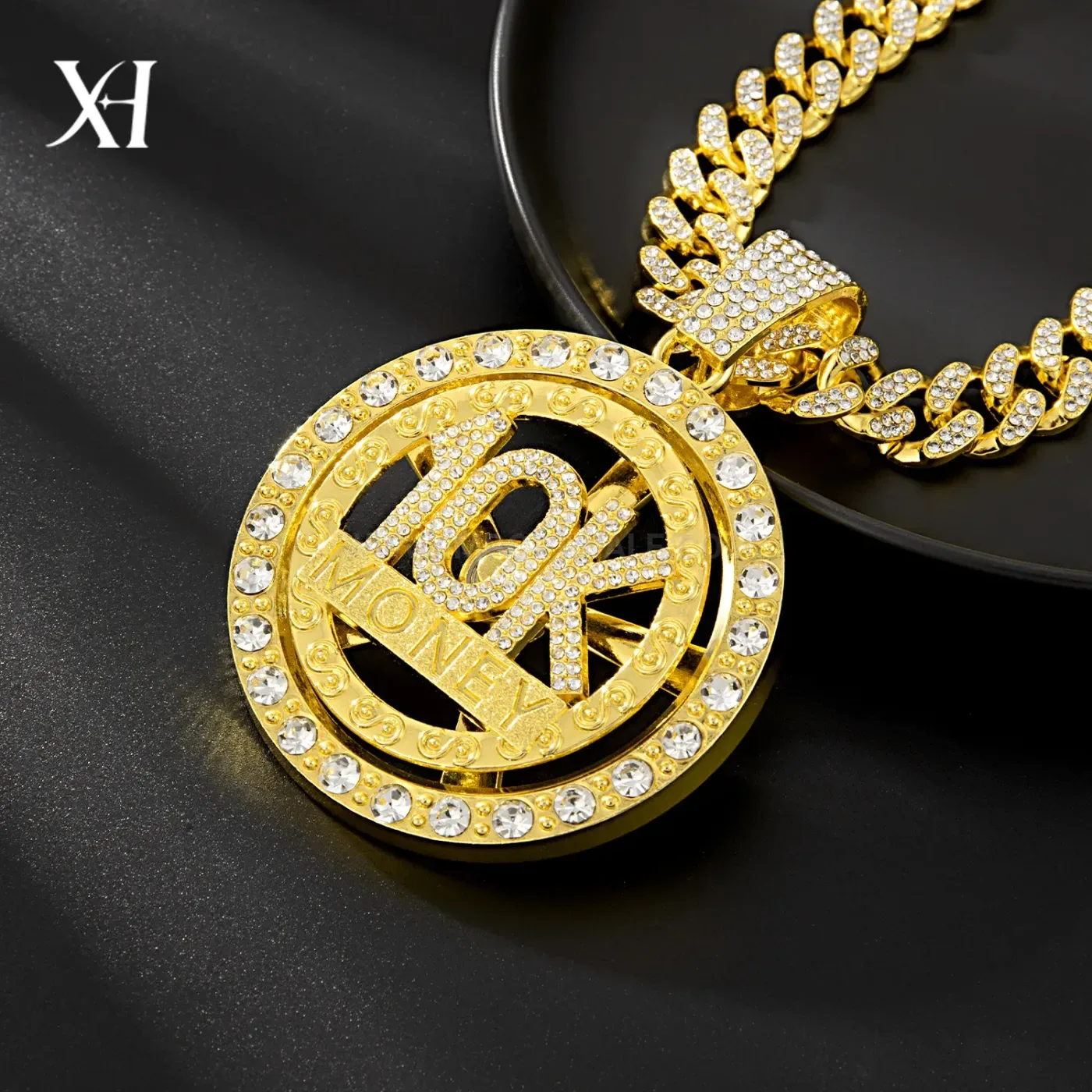 Premium Spinning 10K Money Motif Cuban Chain Pendant Necklace