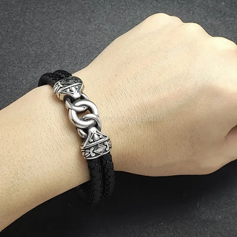 Modern Two Tone Braided Leather Stainless Steel Buckle Bracelet