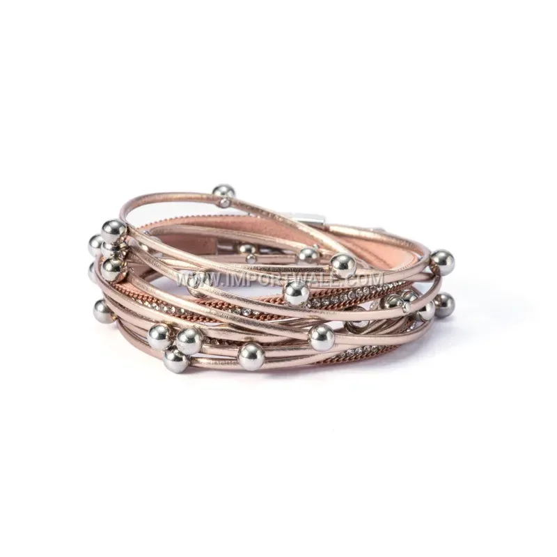 Double Wrap Rhinestone Beaded Leather Bracelet With Magnetic Clasp
