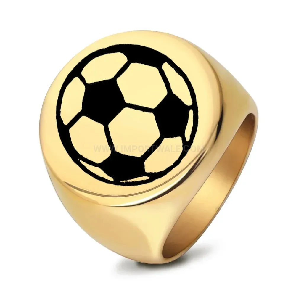 Classic Laser Engraved Football Pattern Stainless Steel Round Signet Ring