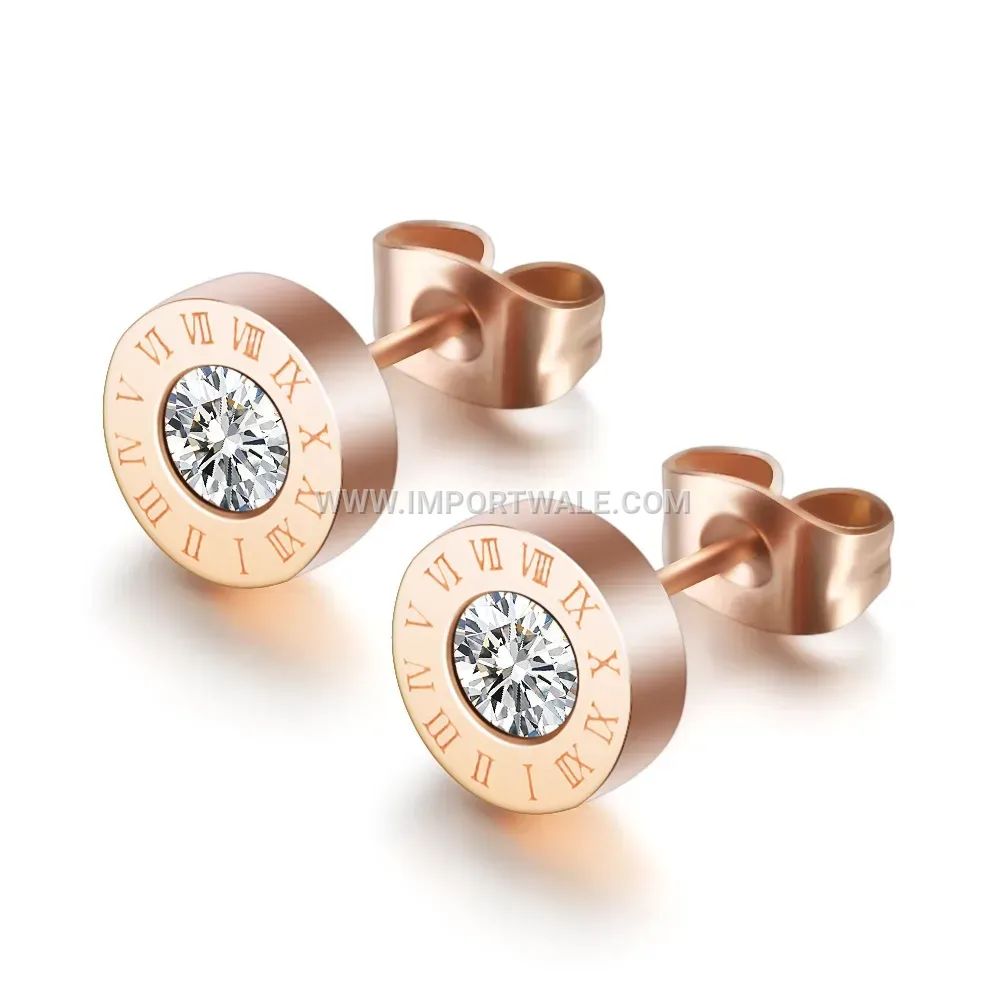 Roman Numeral Solitaire Zircon Stainless Steel Stud Earrings