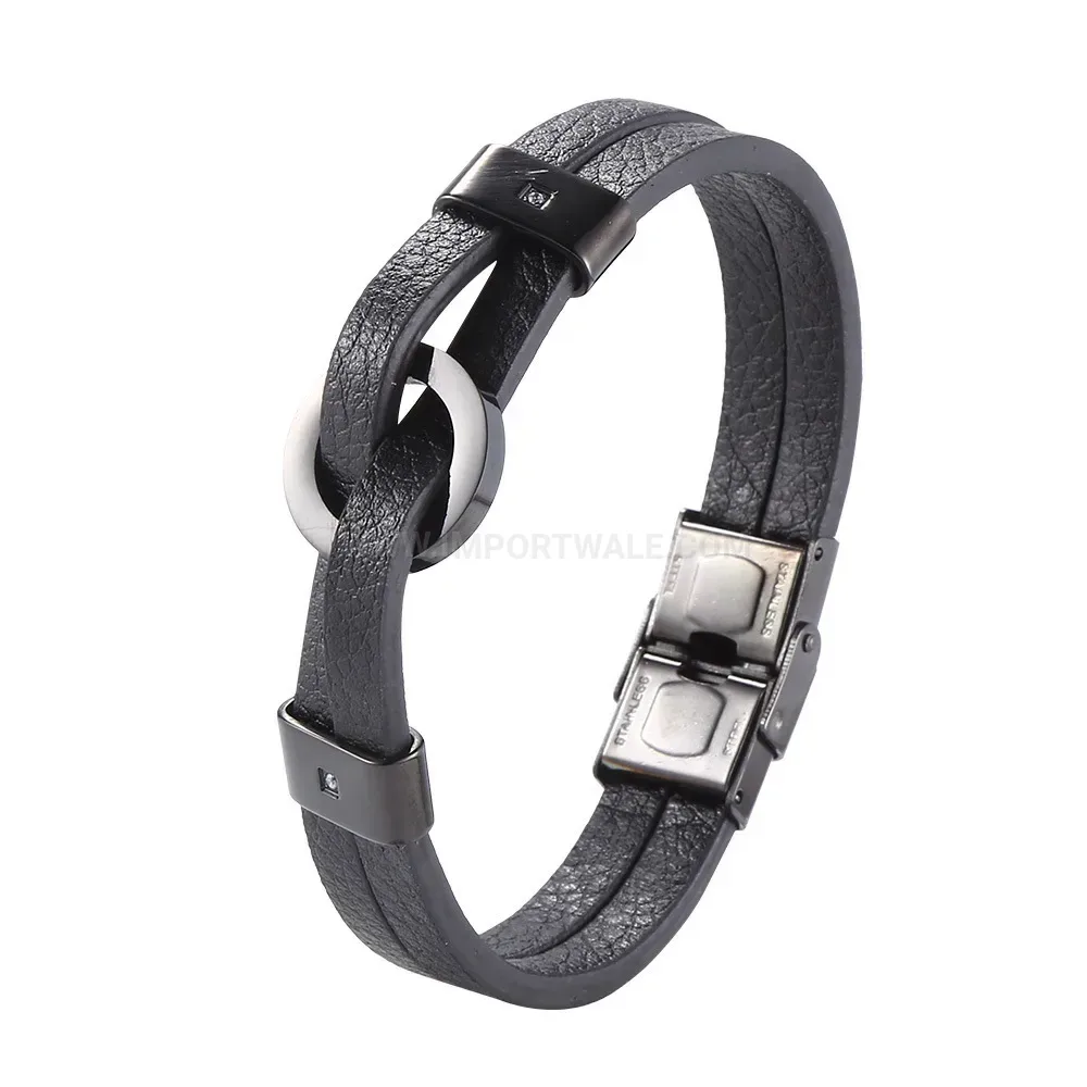 Minimalist Stainless Steel Circle Black Leather Cord Bracelet