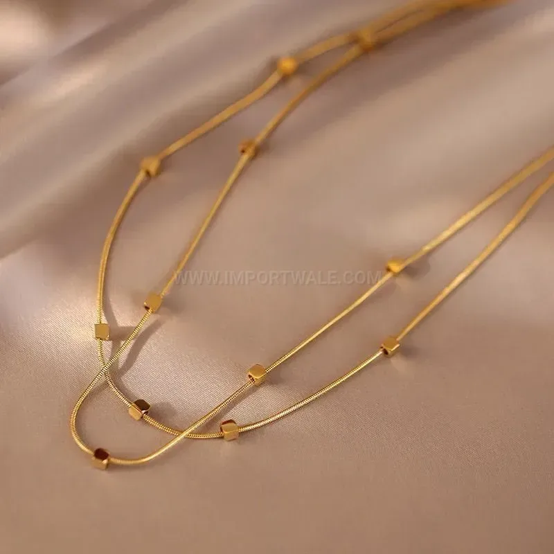 Elegant Layered Geometric Cube Titanium Steel Snake Chain Collar Necklace