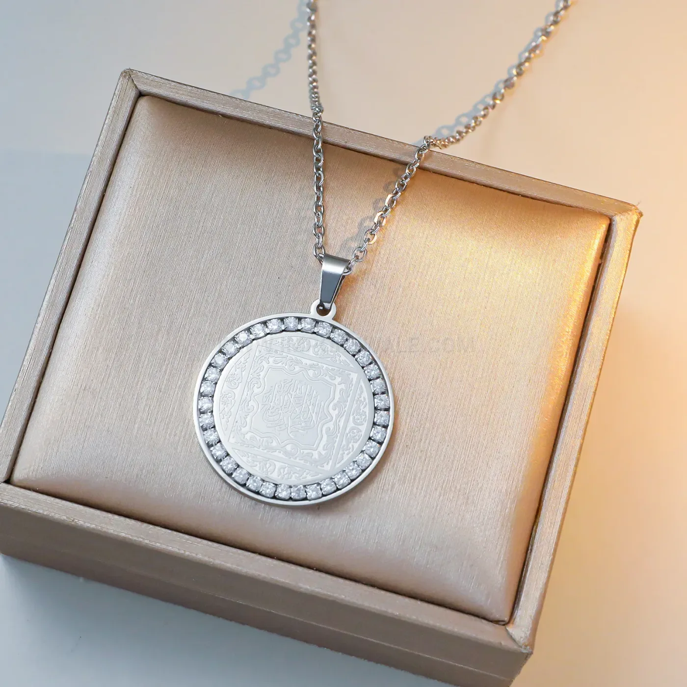 Classic Stainless Steel Gold Plated Ayatul Kursi Zircon Pendant Necklace