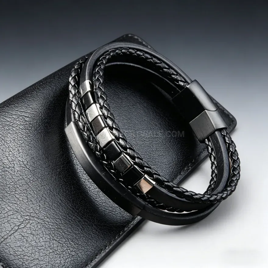 Modern Double Layer Black Braided Leather Bracelet with Black Clasp
