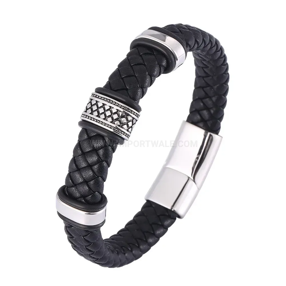 Vintage Woven Leather Bracelet with Stainless Steel Clasp