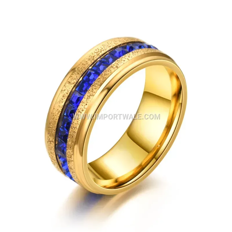 Stainless Steel Band Ring with Blue Cubic Zirconia