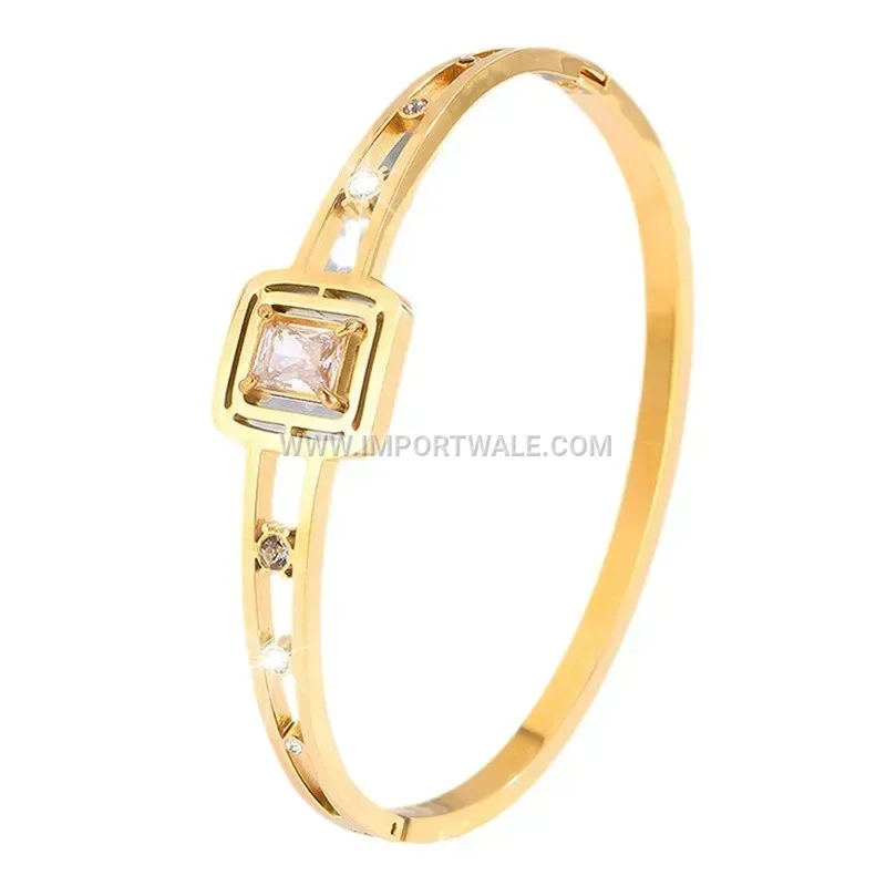 Gold Plated Titanium Steel Square Stone Bangle
