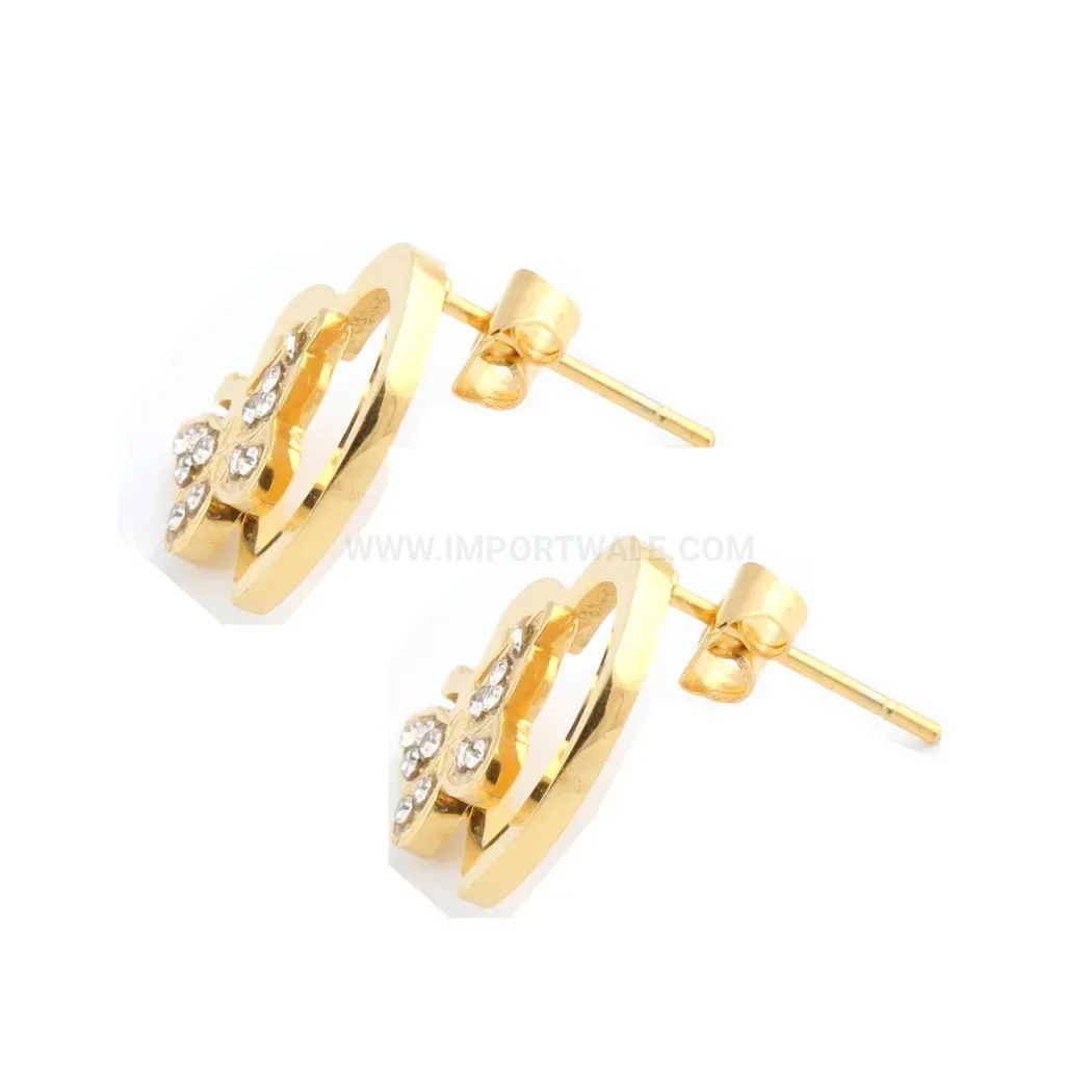 Elegant Gold Stainless Steel Cutout Heart Butterfly Rhinestone Stud Earrings
