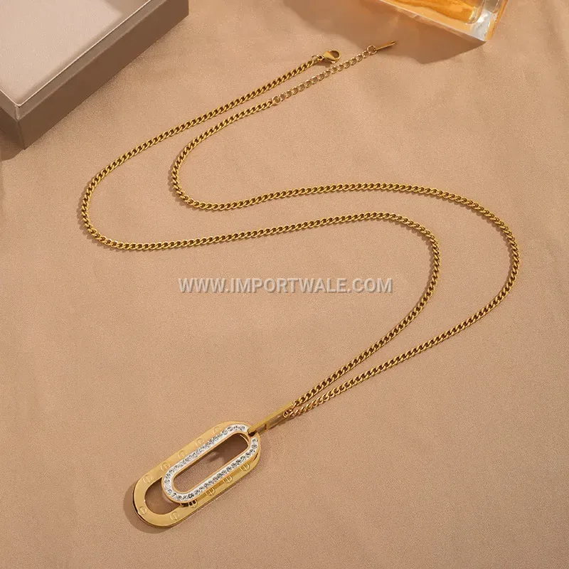 Titanium Steel Rhinestone Double Ring Long Pendant Necklace