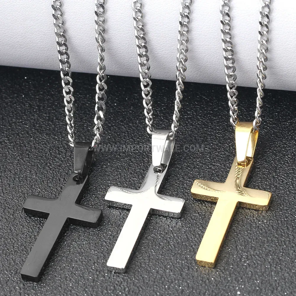 Polished Minimalist Stainless Steel Tri Color Cross Charm Pendant Necklace