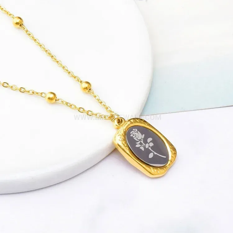 Premium Oval Rose Pendant Titanium Steel Necklace with Gold Mirror Finish