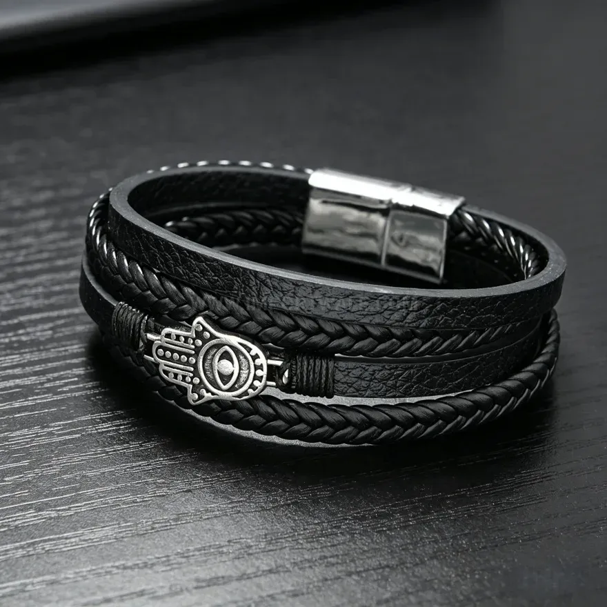 Bold Woven Leather Evil Eye Charm Bracelet with Magnetic Clasp