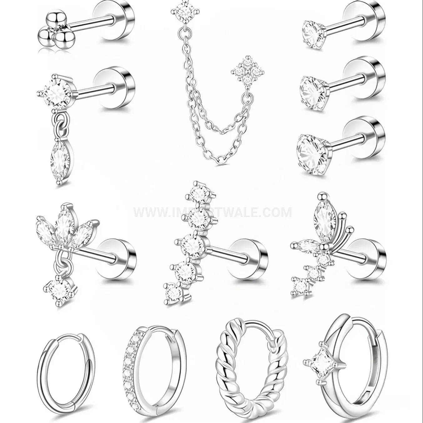 Classic Titanium Steel Zircon Cartilage Piercing Stud Earrings Set