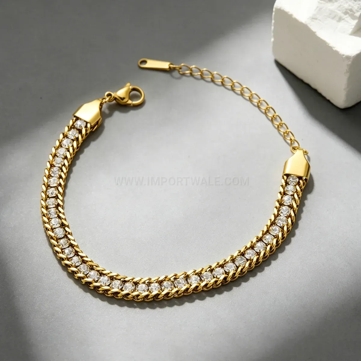 Stylish Layered Gold Stainless Steel Rhinestone Watch Band Bracelet