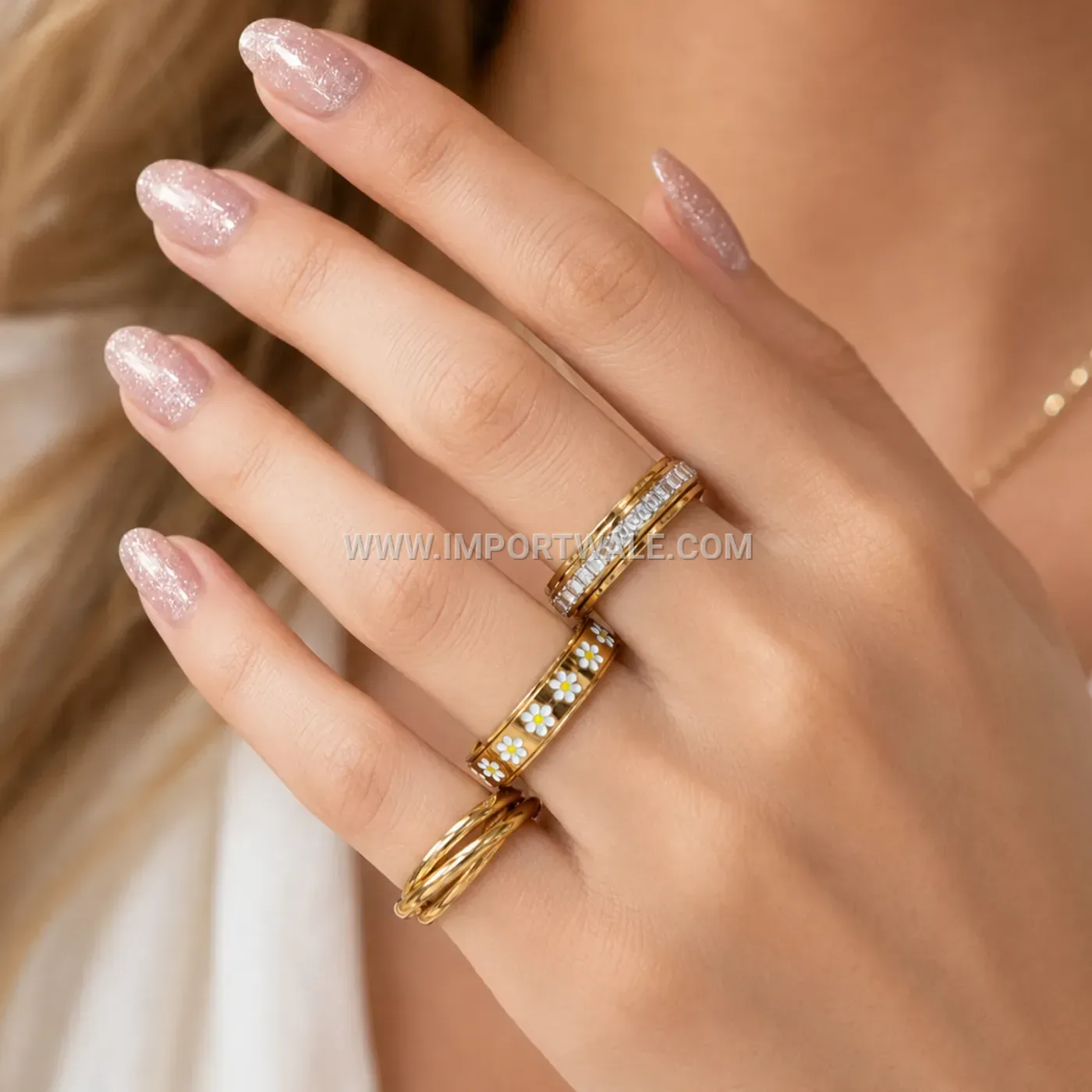 Rotatable Crystal Stainless Steel Stacking Ring Set