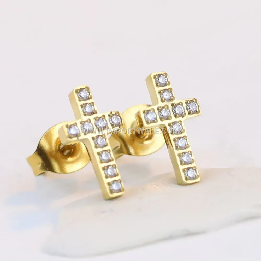 Minimalist Stainless Steel Cross Dangle Earrings with Zircon Accent
