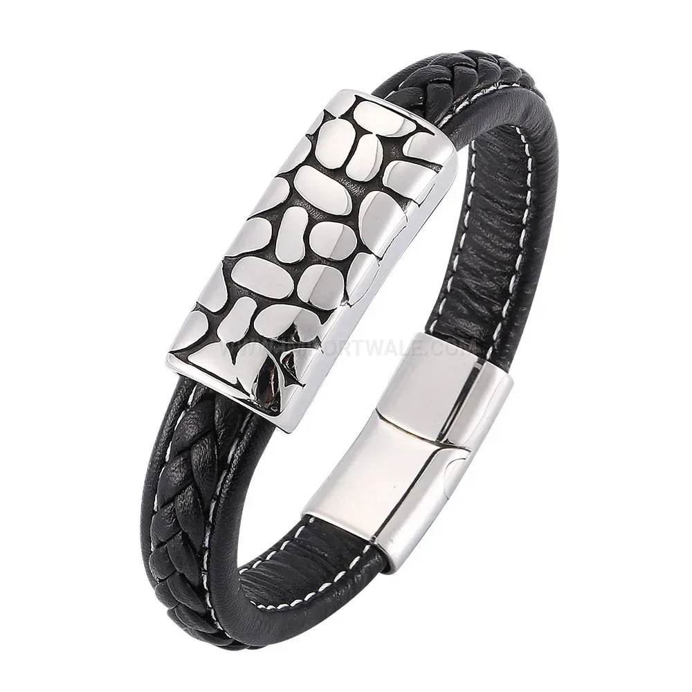 Woven Leather Band with Cast Stainless Steel Hardware for Men