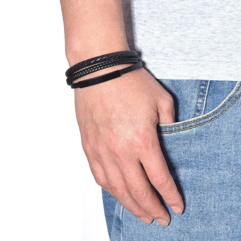 Classic Woven Leather Multi Layer Bracelet With Magnetic Alloy Clasp