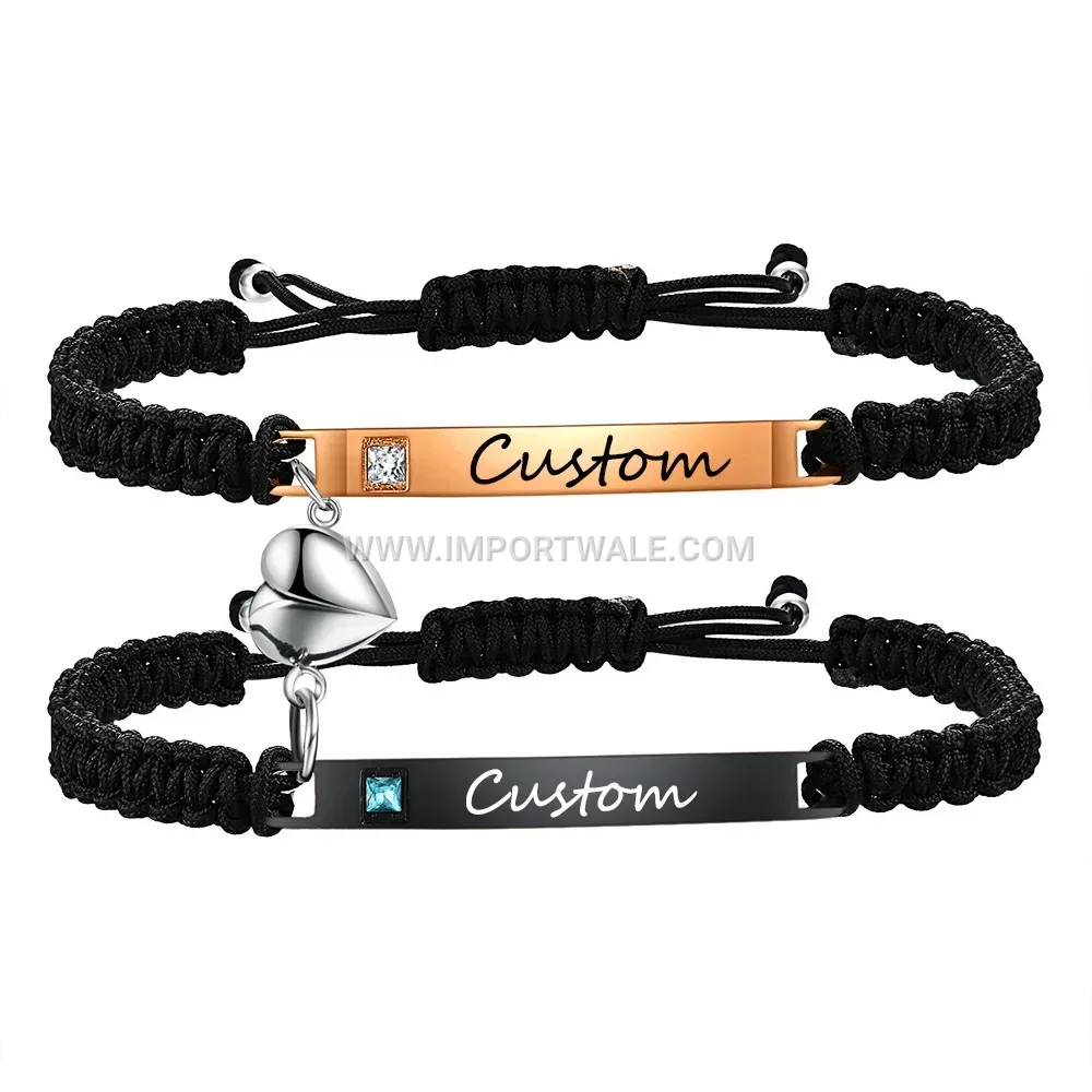 Engraved Stainless Steel Magnetic Heart Braided Couple Bracelet Set