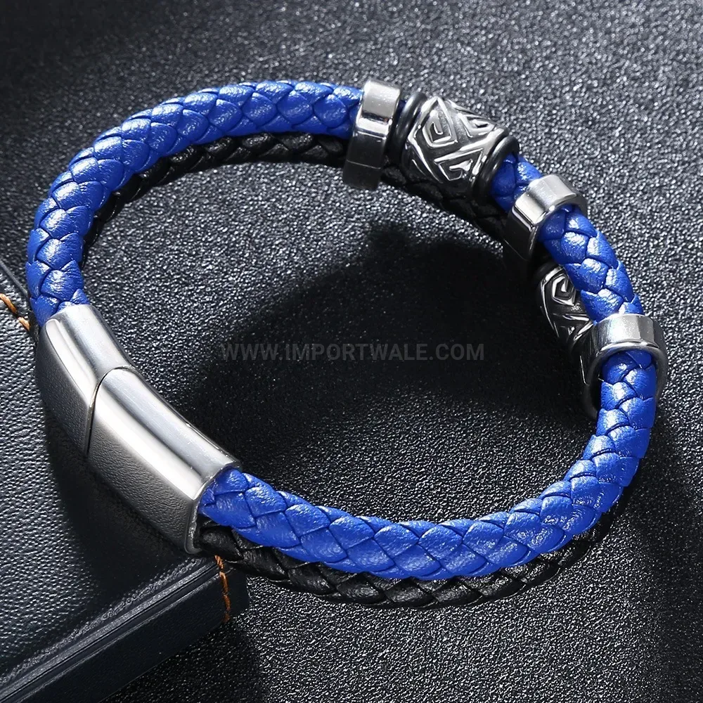 Two-Tone Braided Leather Strap Bracelet with Stainless Steel Details