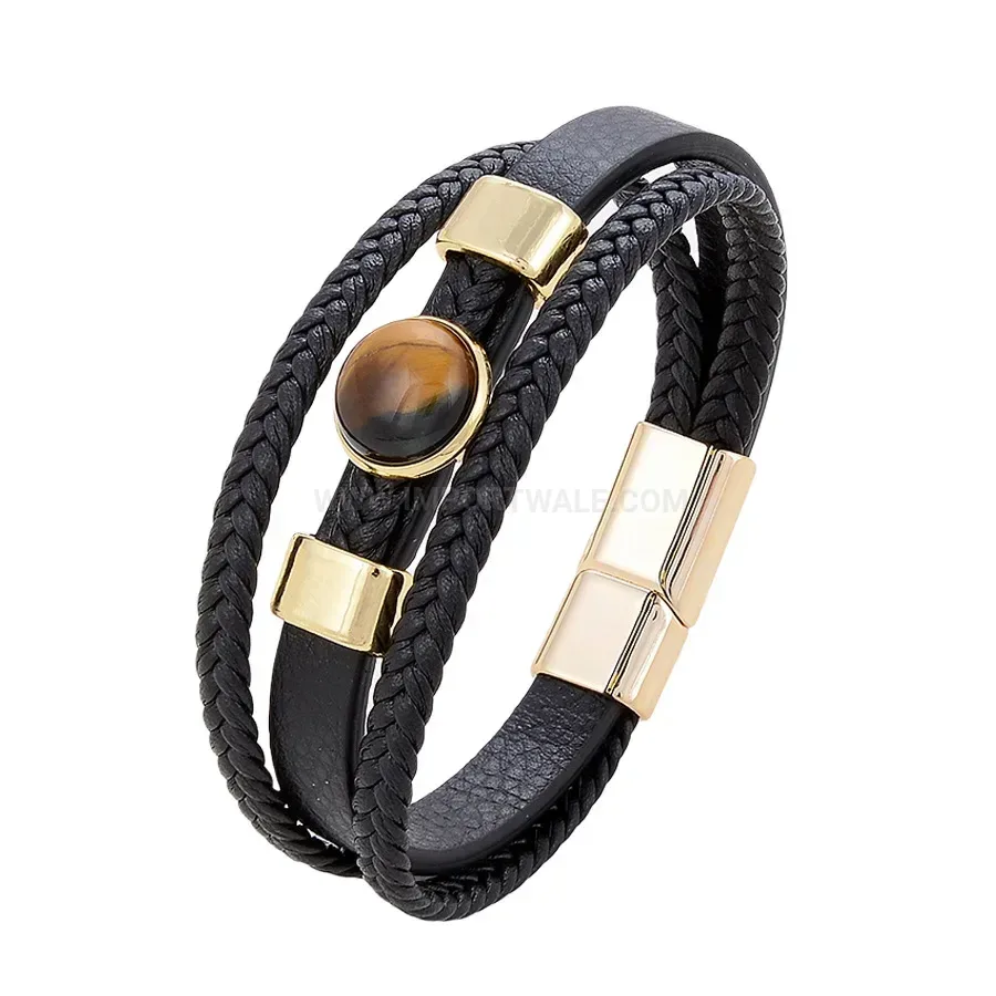 Multi-Strand Woven Leather Wristband with Stone Details and Stainless Clasp