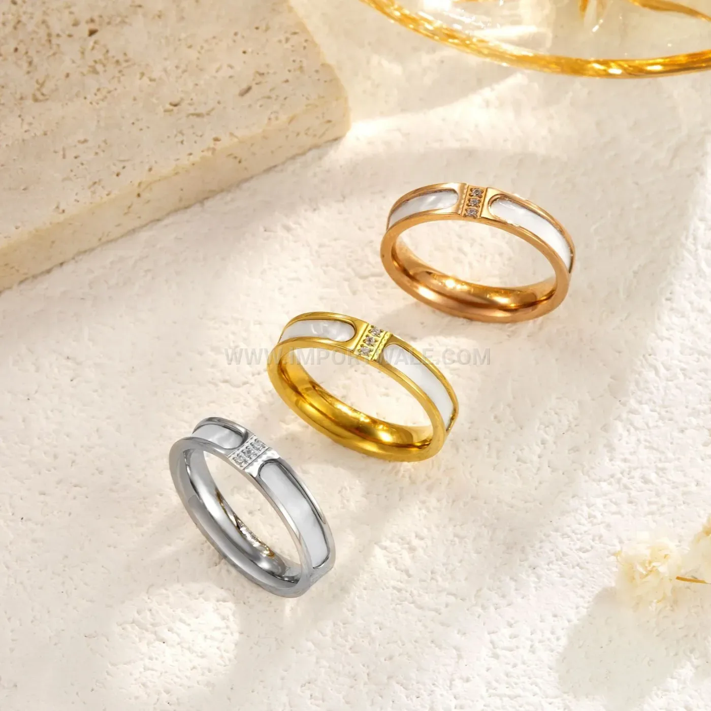 Mother of Pearl Three-Stone Plated Stainless Steel Ring