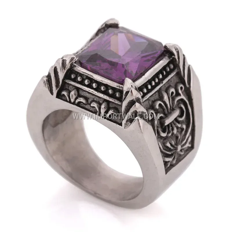 Vintage Crystal Inlaid Stainless Steel Geometric Signet Ring