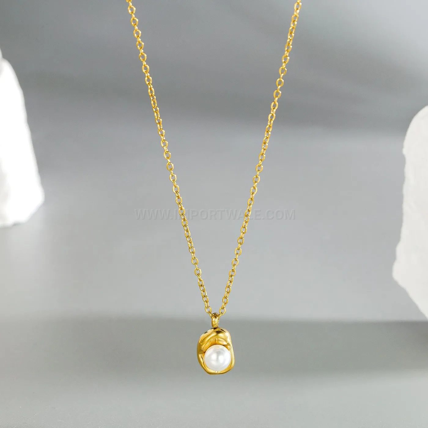 Elegant Stainless Steel Pearl Bead Pendant Necklace