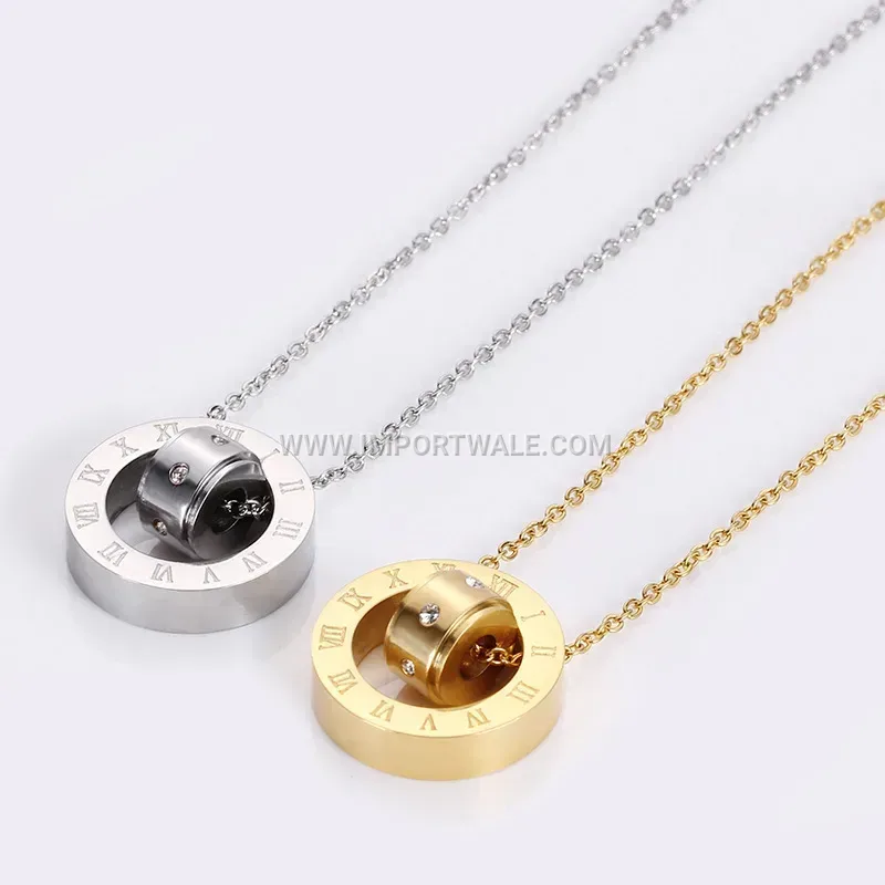 Roman Numeral Interlocking Double Ring Stainless Steel Pendant Necklace