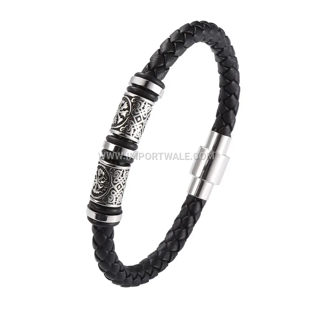 Woven Braided Leather and Stainless Steel Charm Bracelet