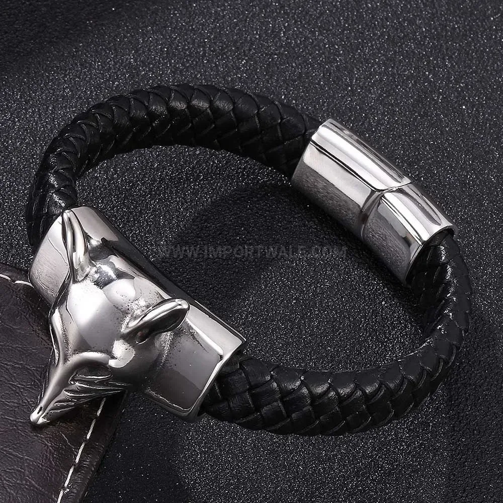 Trendy Genuine Leather Bracelet with Stainless Steel Fox Magnetic Clasp