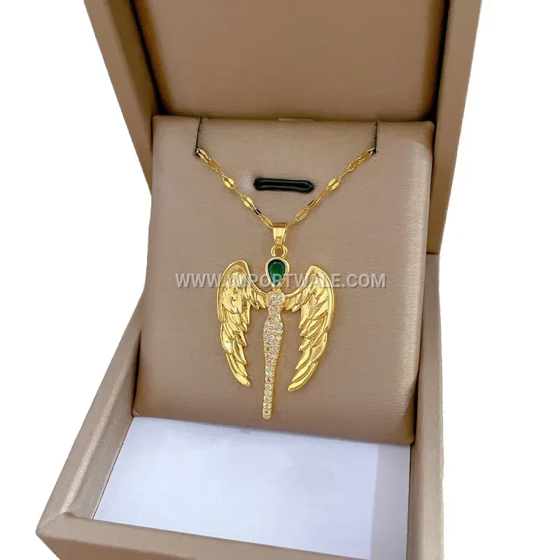 18K Gold Plated Stainless Steel Angel Wing Zircon Pendant Necklace