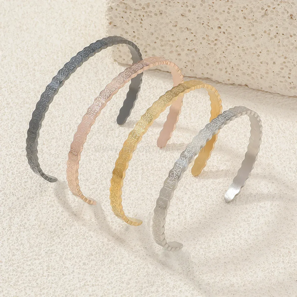 Curved Stainless Steel Lace Engraved Religious Cuff Bracelet