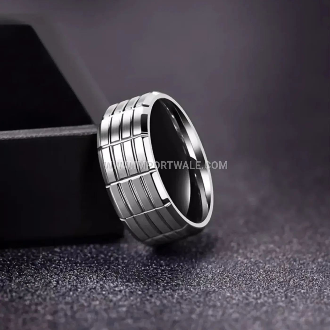 Men's Black Plated Stainless Steel Grooved Band Ring
