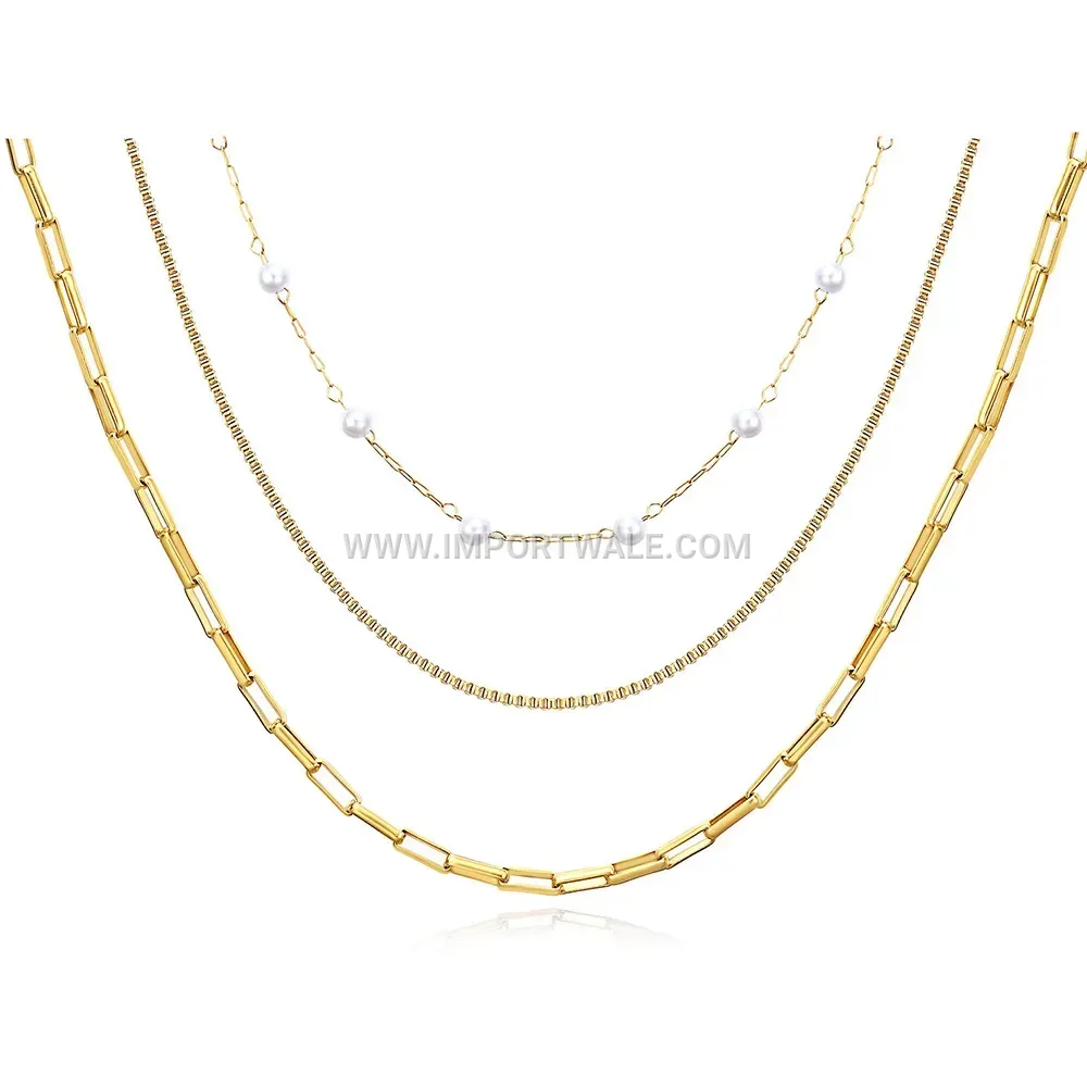 Layered Stainless Steel Chain Necklace with Pearl Accent