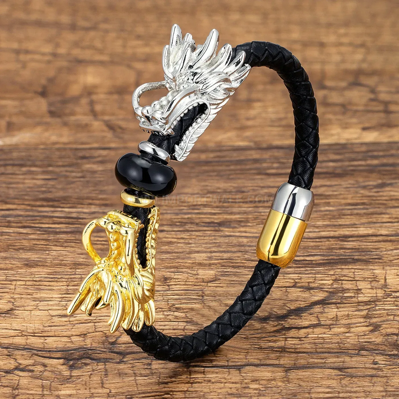 Double Dragon Head Leather Braided Stone Bracelet