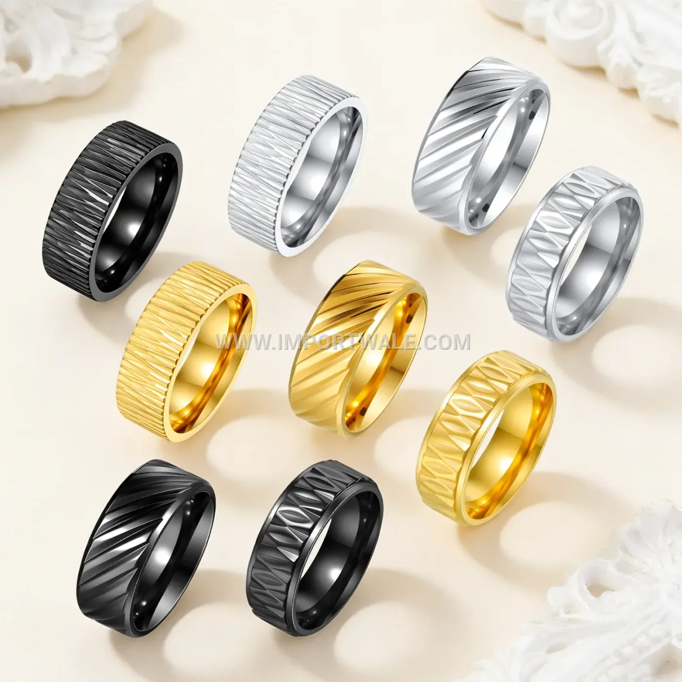 Textured Geometric Stainless Steel Band Ring with Polished Finish
