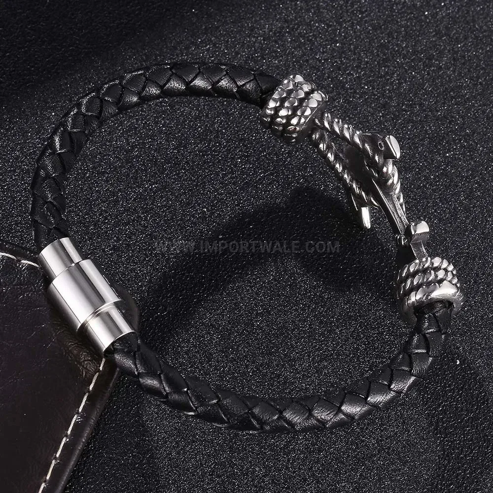 Braided Leather Anchor Charm Bracelet with Magnetic Stainless Steel Clasp