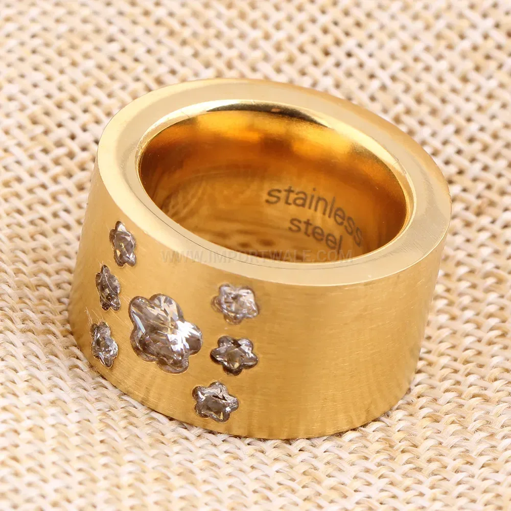 Floral Crystal Cluster Gold Stainless Steel Statement Ring