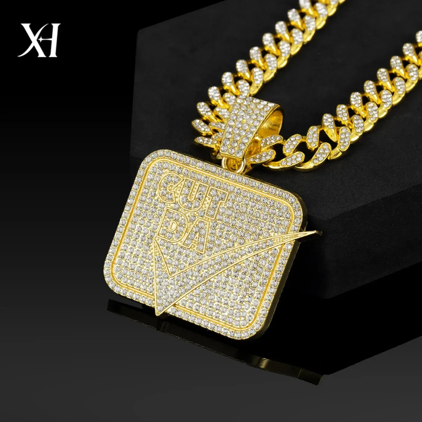 Elegant Rhinestone Square Letter Tag Pendant Cuban Link Necklace